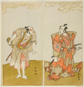 Los actores Bando Mitsugoro I como Hata no Kawakatsu (derecha) y Otani Hiroemon III como el sirviente (Yakko) Gansuke (izquierda), en la obra Miya-bashira Iwao no Butai, representada en el Teatro Morita desde el día quince de t de Katsukawa Shunsho