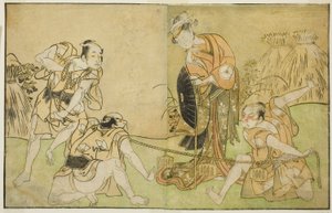 Los actores Bando Zenji I como Nagahashi Saburo, Iwai Hanshiro IV como Otatsu-gitsune, Nakamura Konozo como Hagai Ujitsune y un actor no identificado (de derecha a izquierda), en la obra Nue no Mori Ichiyo no Mato, representada en el Teatro Nakamura en el 