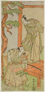 Los actores Ichikawa Danjuro V como Momonoi Wakasanosuke (derecha), y Nakamura Nakazo I como Kakogawa Honzo (izquierda), en la obra Kanadehon Chushingura, representada en el Teatro Nakamura en el quinto mes de 1771 de Katsukawa Shunsho
