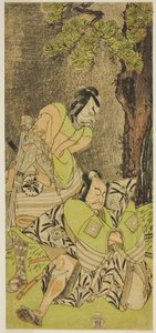 Los actores Ichikawa Danzo III como I no Hayata Tadazumi (derecha), y Matsumoto Koshiro II como Osada no Taro Kagemune (izquierda), en la obra Nue no Mori Ichiyo no Mato, representada en el Teatro Nakamura en el undécimo mes, 1770