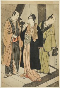 Los actores Ichikawa Monnosuke II (izquierda), Iwai Hanshiro IV (centro), e Iwai Karumo (?) (derecha), en un desembarco tras bastidores