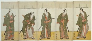 Los actores Ichikawa Monnosuke II como Karigane Bunshichi, Bando Mitsugoro I como An no Heibei, Ichikawa Danjuro V como Gokuin Sen