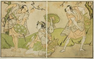 Los actores Ichikawa Somegoro (derecha), Segawa Kikunojo II (centro) y Bando Sampachi (izquierda), en roles no identificados en la obra Myoto-giku Izu no Kisewata, representada en el Teatro Ichimura en el undécimo mes, 1770 de Katsukawa Shunsho