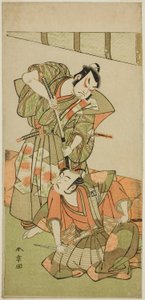 Los actores Ichikawa Yaozo II como Konoshita Hyokichi (?) (derecha), y Sakata Hangoro II como Matsunaga Daizen Hisahide (?) (izquierda), en la obra Gion Sairei Shinko Ki (?), representada en el Teatro Ichimura (?) en el quinto mes de 1775 (?) de Katsukawa Shunsho