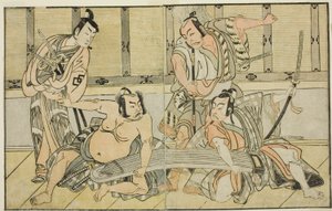 Los actores Ichikawa Yaozo II como Kujaku no Saburo, Matsumoto Koshiro II como Hata no Daizen Taketora, Nakajima Mihoemon II como Aramaki Mimishiro, y Nakamura Shocho I como Ki no Tsurayuki (de derecha a izquierda), en la obra Kuni no Hana Ono no Itsumoji de Katsukawa Shunsho