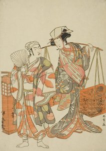 Los actores Ichimura Uzaemon IX como zorro masculino disfrazado de vendedor de sake Iseya (izquierda) y Nakamura Tomijuro I como zorra femenina disfrazada de vendedora ambulante de judías Hyugaya, en la secuencia de baile "Myoto-zake Kawaranu Nakanaka" (Ar de Katsukawa Shunsho