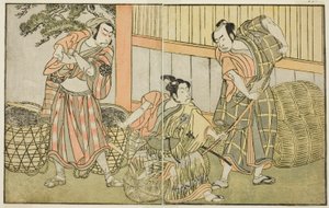 Los actores Kasaya Matakuro II como Hagun Taro (derecha), Ichikawa Monnosuke II como Izutsu no Suke Narihira (centro), y Nakamura Nakazo I como Kose no Kanaoka disfrazado de Sogoro el fabricante de carbón, en la obra Kuni no Hana Ono no Itsumoji, represent