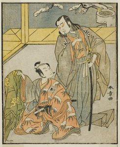 Los Actores Nakamura Denkuro II como Suma no Dairyo (derecha), e Ichikawa Komazo II como Ariwara no Yukihira (izquierda), en la Obra Kuni no Hana Ono no Itsumoji, Representada en el Teatro Nakamura en el Undécimo Mes, 1771 de Katsukawa Shunsho