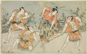Los actores Nakamura Kashiwagi como un Wakashu (segundo desde la derecha), y tres actores no identificados como Yakko de Katsukawa Shunsho