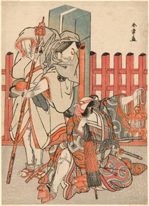 Los actores Nakamura Nakazo I como Chinzei Hachiro Tametomo disfrazado de peregrino (izquierda), e Ichikawa Danjuro V como Kazusa no Gorobei Tadamitsu (derecha), en la escena "Encuentro silencioso" (Dammari) del final de la primera parte de la obra Kitekae de Katsukawa Shunsho