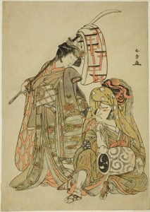Los Actores Nakamura Nakazo I como Onmaya Kisanda Vestido como Kakubei el Bailarín León (derecha) y Segawa Kikunojo III como Shizuka Gozen (izquierda), en la Secuencia de Danza "Myoto-zake Kawaranu Nakanaka" de Katsukawa Shunsho