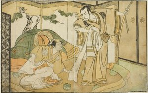 Los actores Nakamura Nakazo I como Taira no Kiyomori (derecha), y Yamashita Kinsaku II como Tokiwa Gozen (izquierda), en la obra Nue no Mori Ichiyo no Mato, representada en el Teatro Nakamura en el undécimo mes, 1770 de Katsukawa Shunsho