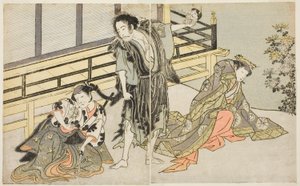 Los actores Nakamura Noshio I como Nyosan no Miya (derecha), Ichikawa Danjuro V como el monje renegado Yochin (centro), y Yamashita Kinsaku II como la doncella Mutsuhana (izquierda), en la obra Fuki Kaete Tsuki mo Yoshiwara, representada en el Teatro Morit