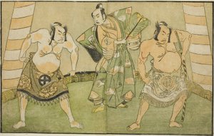 Los actores Nakamura Sukegoro II como Matano no Goro (derecha), Onoe Kikugoro I como Soga no Taro (centro), y Otani Hiroji III como Kawazu no Saburo (izquierda), en la obra Myoto-giku Izu no Kisewata, representada en el Teatro Ichimura en el undécimo mes,  de Katsukawa Shunsho
