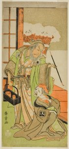 Los actores Nakamura Utaemon I como Karashi Baba y Ichikawa Danjuro IV como Sanshodayu, en la obra Kawaranu Hanasakae Hachi no Ki, representada en el Teatro Nakamura en el undécimo mes de 1769