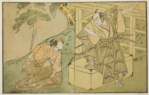 Los actores Onoe Matsusuke I como Akaboshi Taro (derecha) y Azuma Tozo II como Shirotae (izquierda), en la obra Kono Hana Yotsugi no Hachi no Ki, representada en el Teatro Ichimura en el undécimo mes de 1771