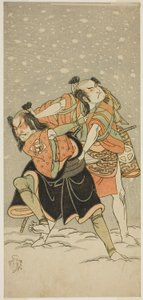 Los Actores Otani Hiroji III como Kameo (derecha), y Sakata Sajuro I como Ario (izquierda), en la obra Hime Komatsu Ne no Hi Asobi, representada en el Teatro Ichimura en el noveno mes, 1768 de Katsukawa Shunsho