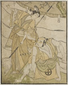 Los actores Otani Tomoemon I como Emohei (derecha), y Sanogawa Ichimatsu II como Sanada Yoichi (izquierda), en la obra Myoto-giku Izu no Kisewata, representada en el Teatro Ichimura en el undécimo mes de 1770 de Katsukawa Shunsho