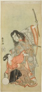 Los actores Sawamura Sojuro II como el sacerdote Shunkan y Azuma Tozo II como Oyasu en la obra "Hime Komatsu Ne no Hi Asobi (Salida para recoger plántulas de pino en el día de la rata del Año Nuevo)" de Katsukawa Shunsho
