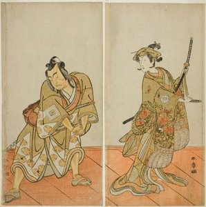 Los actores Segawa Kikunojo III como Aigo no Waka (derecha), e Ichikawa Yaozo II como Hachio-maru Aratora (izquierda), en la obra Chigo Sakura Jusan Kane, representada en el Teatro Ichimura en el undécimo mes de 1774 de Katsukawa Shunsho