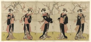 Los Actores Segawa Kikunojo III como Karigane Obun, Nakayama Tomisaburo I como An no Oyasu, Iwai Kiyotaro II como Kaminari no Osha, Nakayama Tatezo I como Gokuin no Osen, e Ichikawa Monnosuke II como Hotei no Oichi (de derecha a izquierda), en "Gonin Onna, de Katsukawa Shunsho
