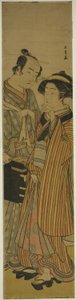 Los actores Segawa Kikunojo III como Okoma (derecha), y Arashi Sangoro III como el peluquero Obana Saizaburo (izquierda), en la obra Koi Musume Mukashi Hachijo, representada en el Teatro Nakamura en el tercer mes, 1776 de Katsukawa Shunsho