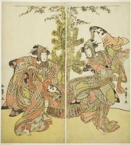 Los actores Segawa Kikunojo III como Yasukata (derecha) e Iwai Hanshiro IV como Utou (izquierda) en la obra Godai Genji Mitsugi no Furisode, representada en el Teatro Nakamura en el undécimo mes de 1782 de Katsukawa Shunsho
