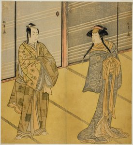 Los Actores Segawa Kikunojo III como el Espíritu de Joro-gumo (Araña Ramera) Disfrazado de la Maiko Tsumagiku (derecha), e Ichikawa Monnosuke II como Urabe no Suetake (izquierda), en la Obra Shitenno Tonoi no Kisewata, Representada en el Teatro Nakamura en