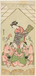 Los actores Segawa Kikunojo II como la nodriza Reizei, Ichikawa Komazo I como Suruga no Hachiro en la apariencia del jugador de shamisen Kichiroku (derecha), e Ichikawa Yaozo II como Tada no Kurando en la apariencia del portador de palanquín Kichinai (izqu de Katsukawa Shunsho