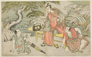 Los actores Tomizawa Hanzaburo II como Nagoya Sanzaemon (a menudo llamado Sanza) (derecha), Nakamura Juzo II como Fuwa Banzaemon (centro), y un actor no identificado como el carterista Matsumoto Daishichi (izquierda), en la obra Fuki Kaete Tsuki mo Yoshiwa de Katsukawa Shunsho