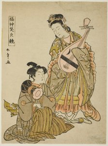 La diosa Benten sosteniendo un Biwa y un joven sosteniendo un tambor de hombro, de la serie "Comparación de las sonrisas de los dioses de la suerte (Fukujin egao kurabe)" de Katsukawa Shunsho