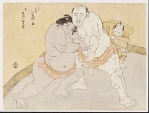 El partido entre Tanikaze Kajinosuke y Kimenzan Tanigoro (xilografía en color) de Katsukawa Shunsho