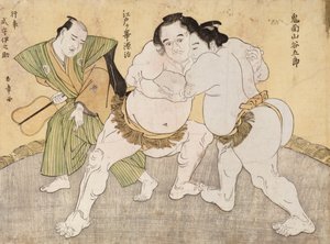 El combate entre Kimenzan Tanigoro y Edogasaki Gemji (grabado en color) de Katsukawa Shunsho