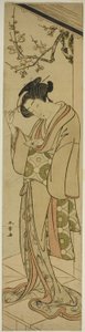 Mujer en una veranda a punto de abrir una carta de amor de Katsukawa Shunsho
