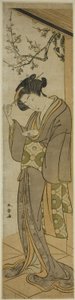 Mujer en una veranda a punto de abrir una carta de Katsukawa Shunsho