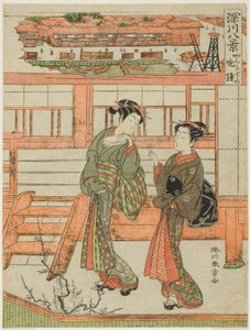 Yagurashita no Bansho (Campana Vespertina en Yagurashita), Cortesana y su Asistente en el Distrito de Placer No Licenciado de Yagurashita en Fukagawa, de la serie "Fukagawa Hakkei (Ocho Vistas de Fukagawa)" de Katsukawa Shunsho