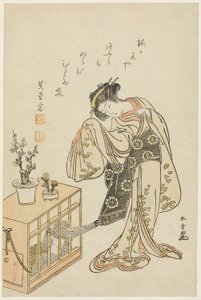 Joven con mono enjaulado (Calendario de Año Nuevo 1776) de Katsukawa Shunsho