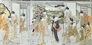 Mujeres jóvenes con una cesta de crisantemos (grabado en madera en color) de Katsukawa Shunsho