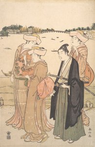 Un Joven Samurai y Tres Mujeres de Katsukawa Shunzan