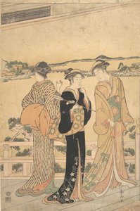 Tres Mujeres en una Veranda con Vista a una Bahía de Katsukawa Shunzan