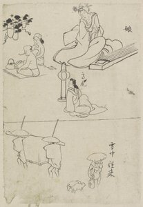 Varias actuaciones, incluida una dama con un koto, una dama sentada y dos hombres. de After Katsushika Hokusai
