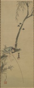 Un niño pescando desde la rama de un árbol, período Edo de Katsushika Hokusai