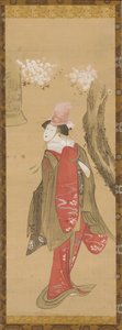 Una bailarina, Kiyohime, un cerezo y la campana de Dojo-ji, finales del siglo XVIII-principios del siglo XIX de Katsushika Hokusai