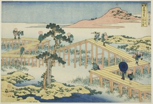 Vista antigua del puente de ocho tablones en la provincia de Mikawa (Mikawa no Yatsuhashi no kozu), de la serie "Vistas inusuales de puentes famosos en varias provincias (Shokoku meikyo kiran)"