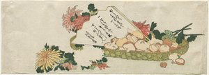Cesta con abanico, crisantemos y setas, principios de 1800