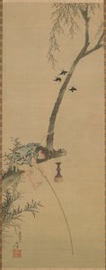 Niño pescando desde la rama de un árbol de Katsushika Hokusai