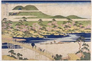 Puente de la luna reflejada, Arashiyama en Yamashiro (xilografía en color) de Katsushika Hokusai