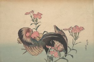 Gallo, Gallina y Nadeshiko Dianthus Superbus de Katsushika Hokusai