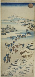 Cruzando el lago congelado Suwa en la provincia de Shinano (Shinshu Suwa kosui kori watari) de Katsushika Hokusai