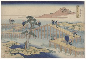 El puente en zigzag en la provincia de Mikawa. Mikawa no yatsuhashi no kozu (título sobre objeto) Vistas de puentes famosos en las provincias (título de la serie) Shokoku Meikyo Kiran (título sobre objeto) de Katsushika Hokusai